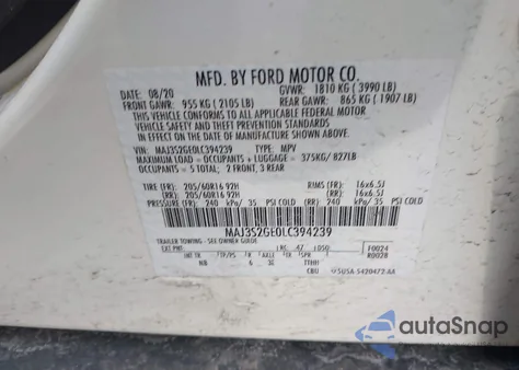 2020 Ford Ecosport Se z USA, uszkodzony, nr VIN MAJ3S2GE0LC394239